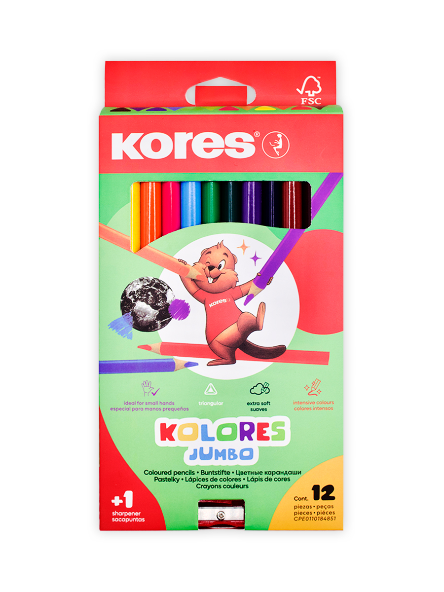 Карандаши цветные утолщенные «Kores» Kolores Jumbo 12 цветов с точилкой