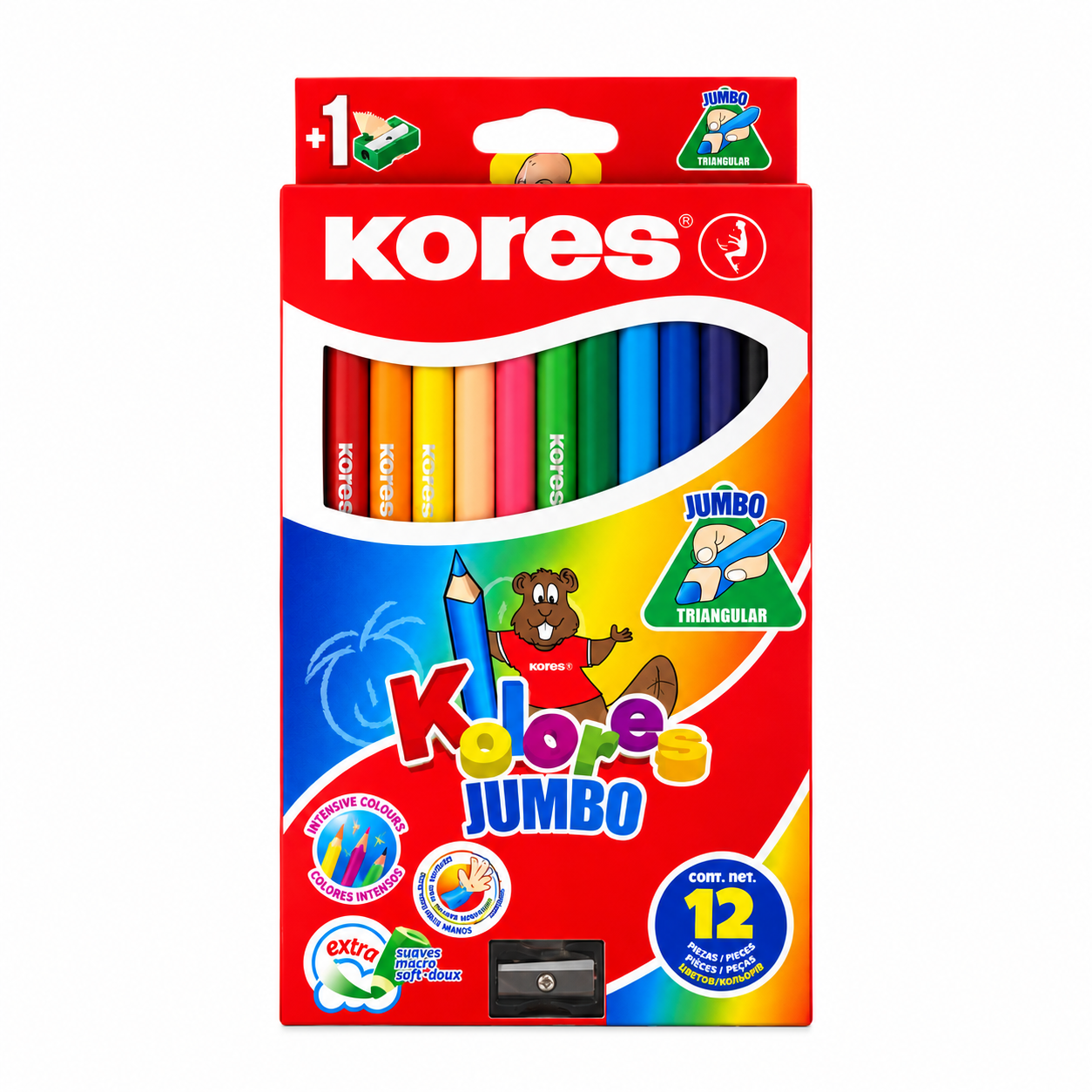 Карандаши цветные трехгранные 12 цветов Kores® "Kolores" с точилкой и серебряным карандашом